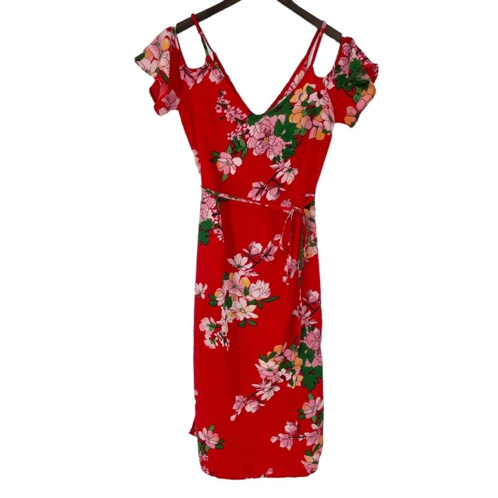 PIGALLE Daisy Red Floral‎ Cold Shoulder Tie Midi Dress